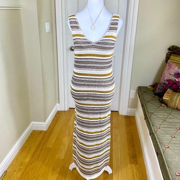 House of Harlow Dress Knit Midi Maxi Column Stripe Cream Brown Tan Metallic (S) - Picture 1 of 10